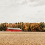 A bright red barn dots the landscape.